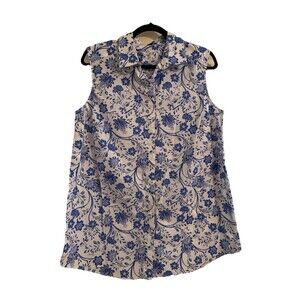 Roamans Womens Size 14W Top White Blue Floral Button Up Sleeveless Collared